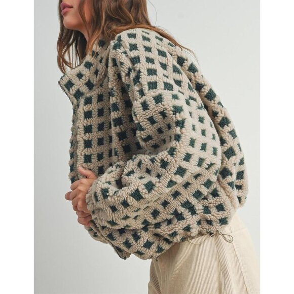 Women  green Cropped Sherpa Fleece Plaid Jacket Chunky Outerwear - Picture 5 of 7